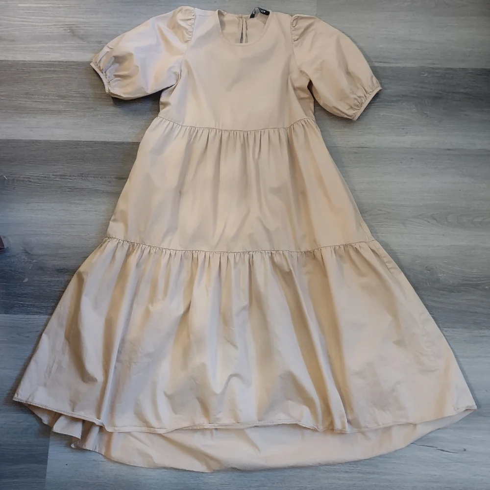 Zara Tan Cotton Puff Sleeves Tiered Maxi Dress. - Picture 6 of 11